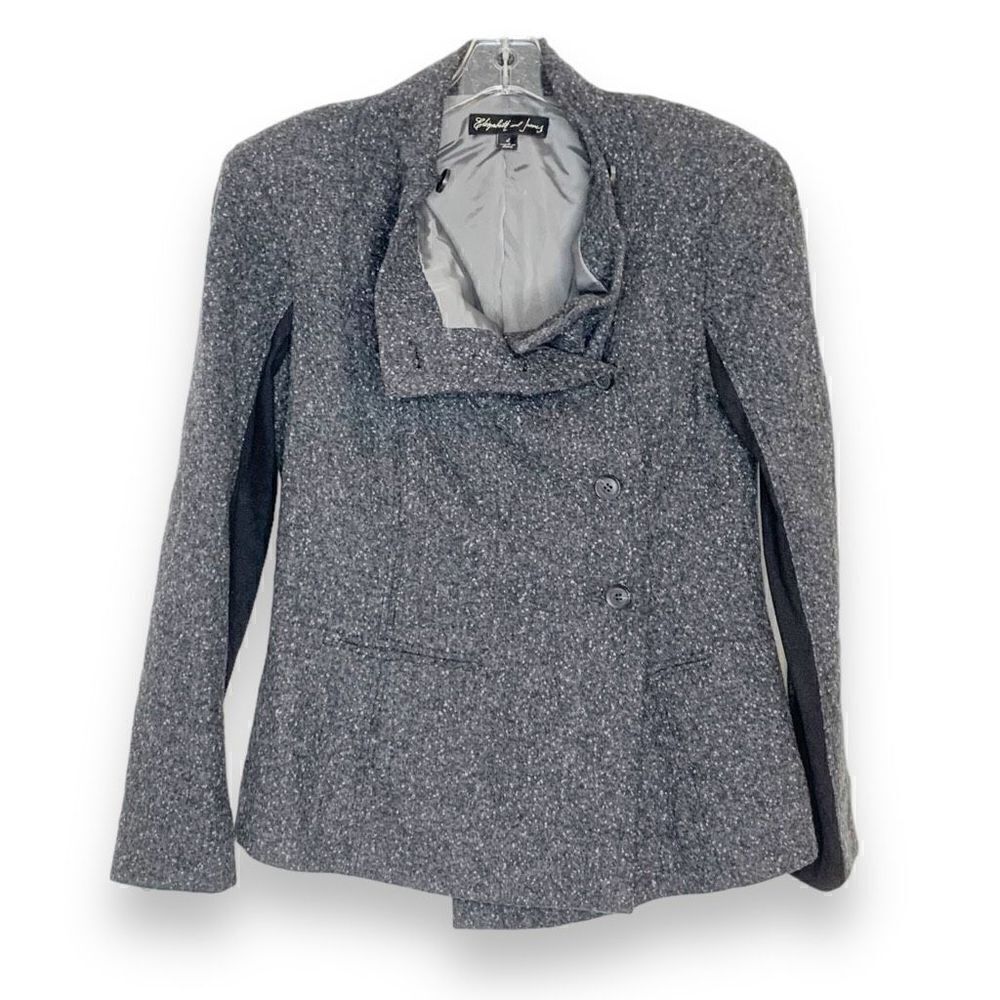 Elizabeth James Asymmetric Donegal Wool Blend Cowl Neck Blazer Coat Gray Black 4